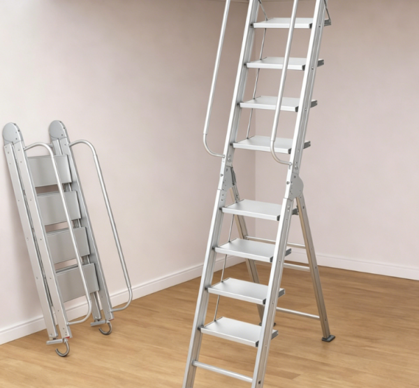 8.5-foot Foldable Aluminum Loft Staircase | With Handrail | 150kg Load Capacity | Suitable for Small Openings