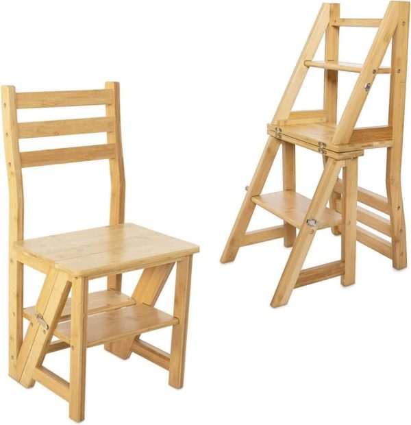 Three-Tier Bamboo Folding Ladder Stool | 3-in-1 Multifunctional Convertible