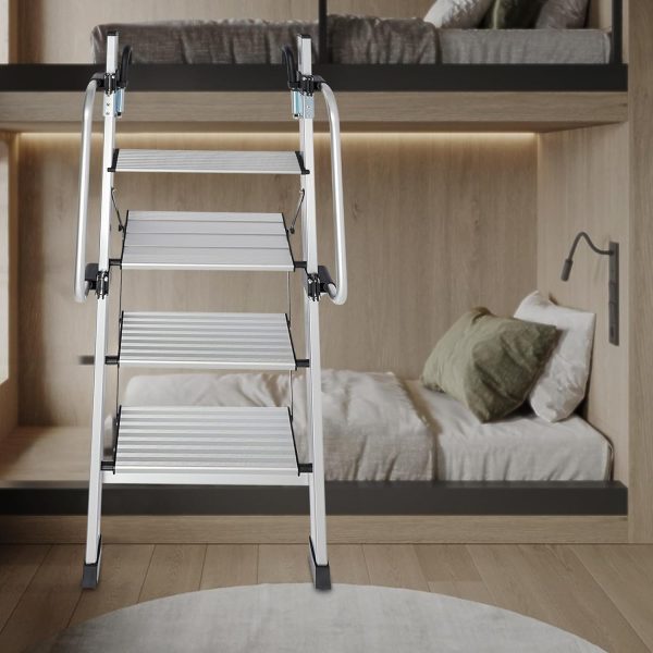 4-Step Foldable Aluminum Alloy Bunk Bed Ladder | With Adjustable Handrail Hooks | Suitable for RVs, Lofts, and Dormitories