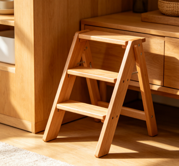 Three-Tier Solid Wood Folding Ladder for Small Apartments
