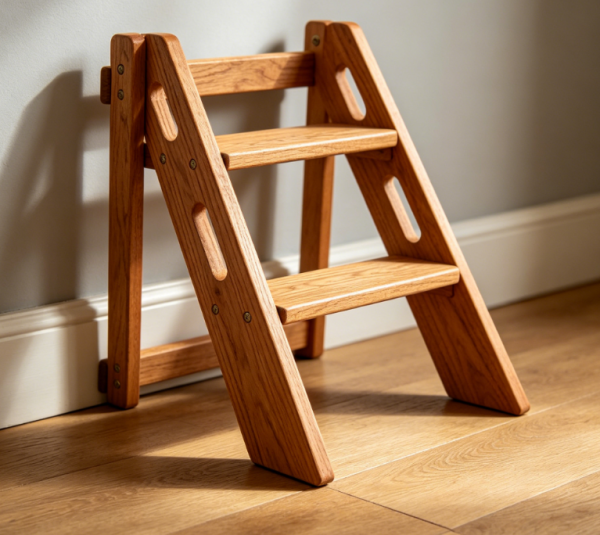 Hollowed-out Side Frame Solid Wood Folding Ladder for Home Use